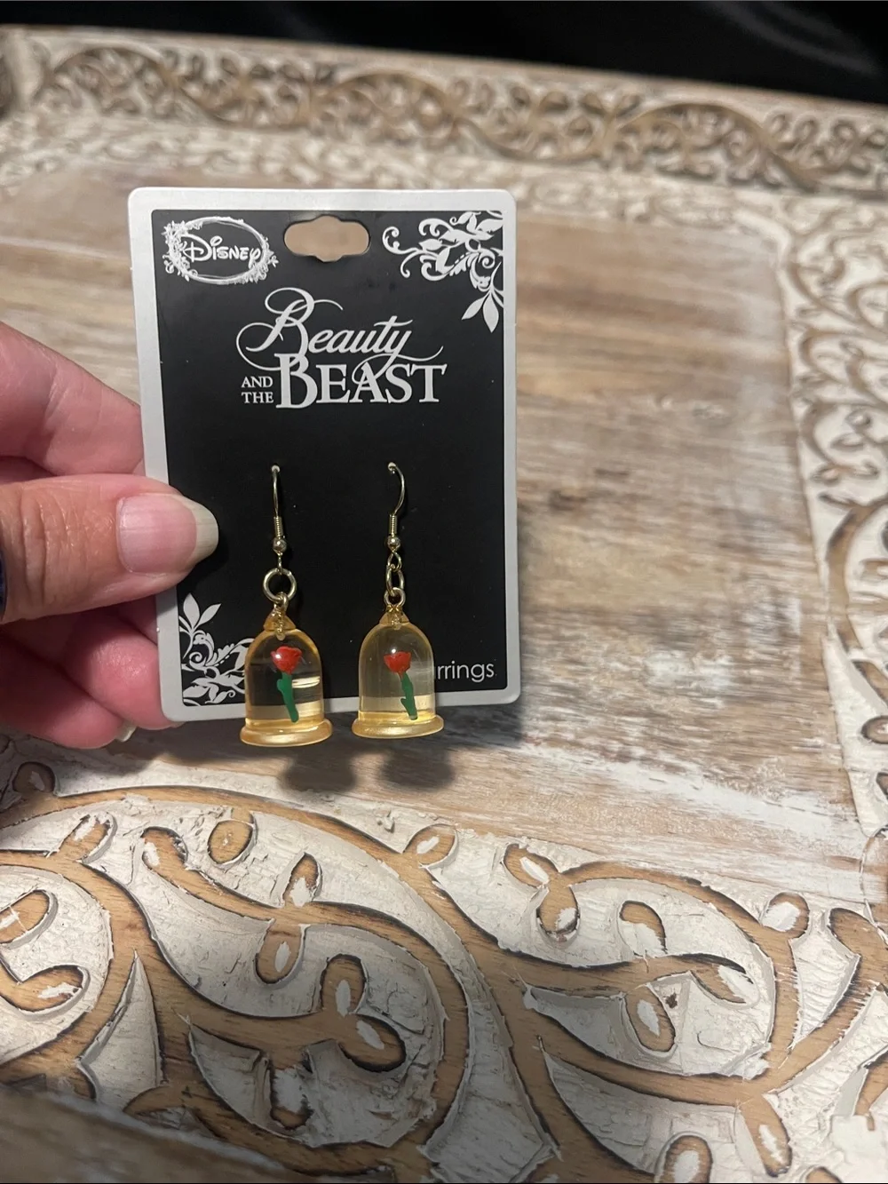 Disney Gold Dome Drop Earrings with Red Rose Accent